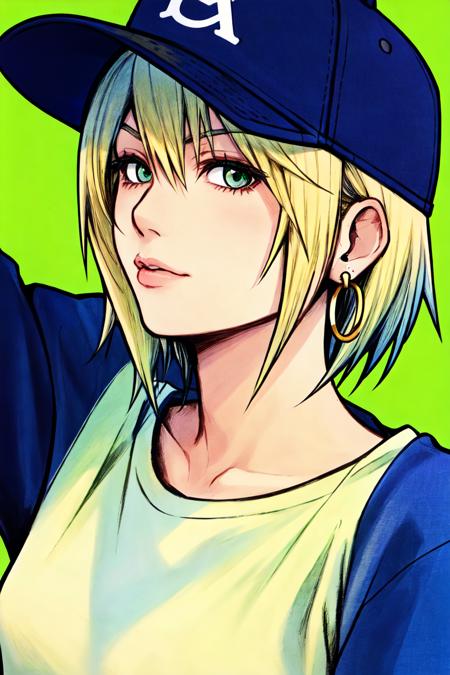 13141-1373621745-nomura tetsuya, masterpiece, best quality, 1girl, aqua eyes, baseball cap, blonde hair, closed mouth, earrings, green background.png